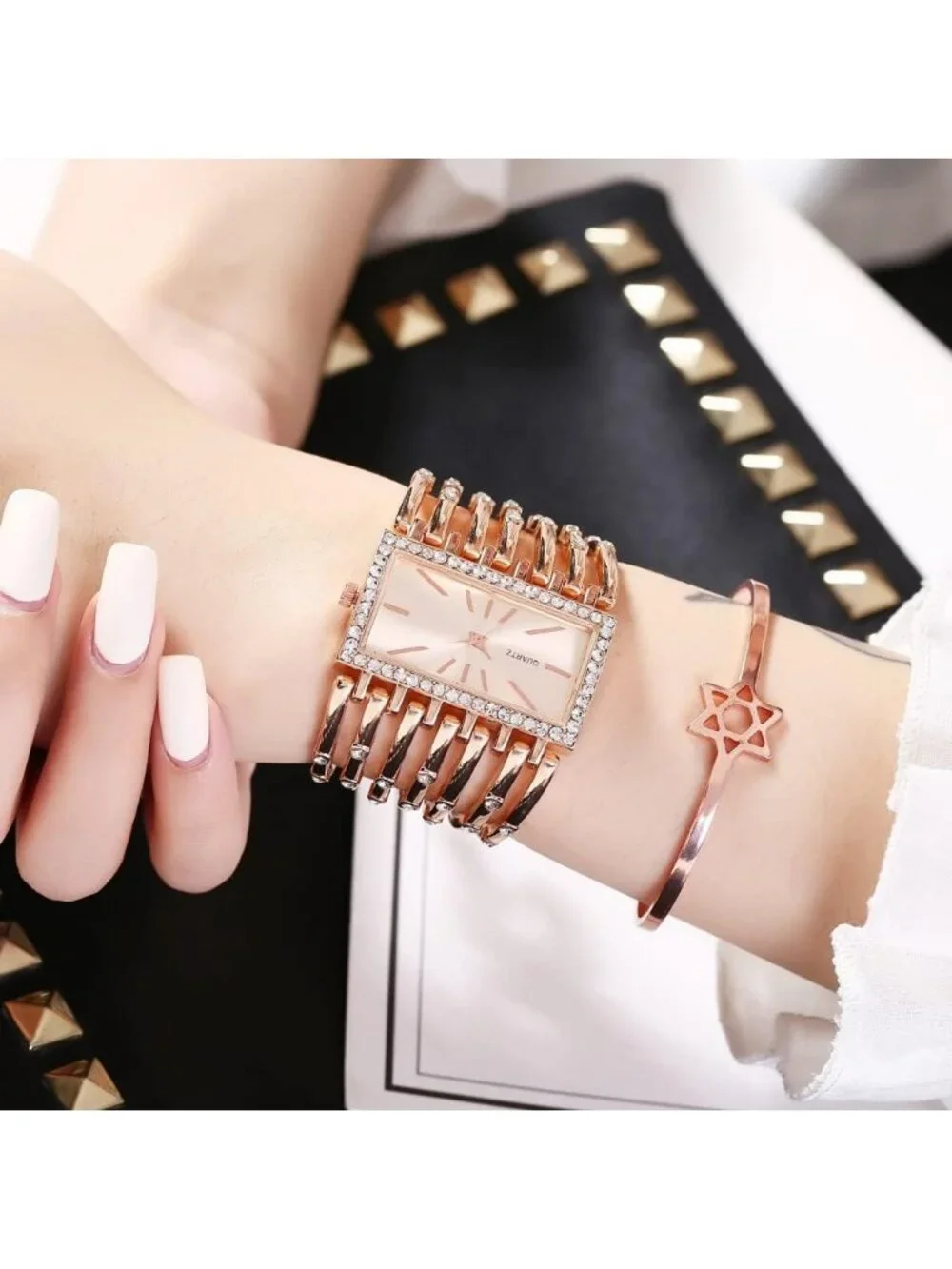 Women's Rose Gold Luxury Rectangular Case Analog Quartz Fashion Wrist Watch